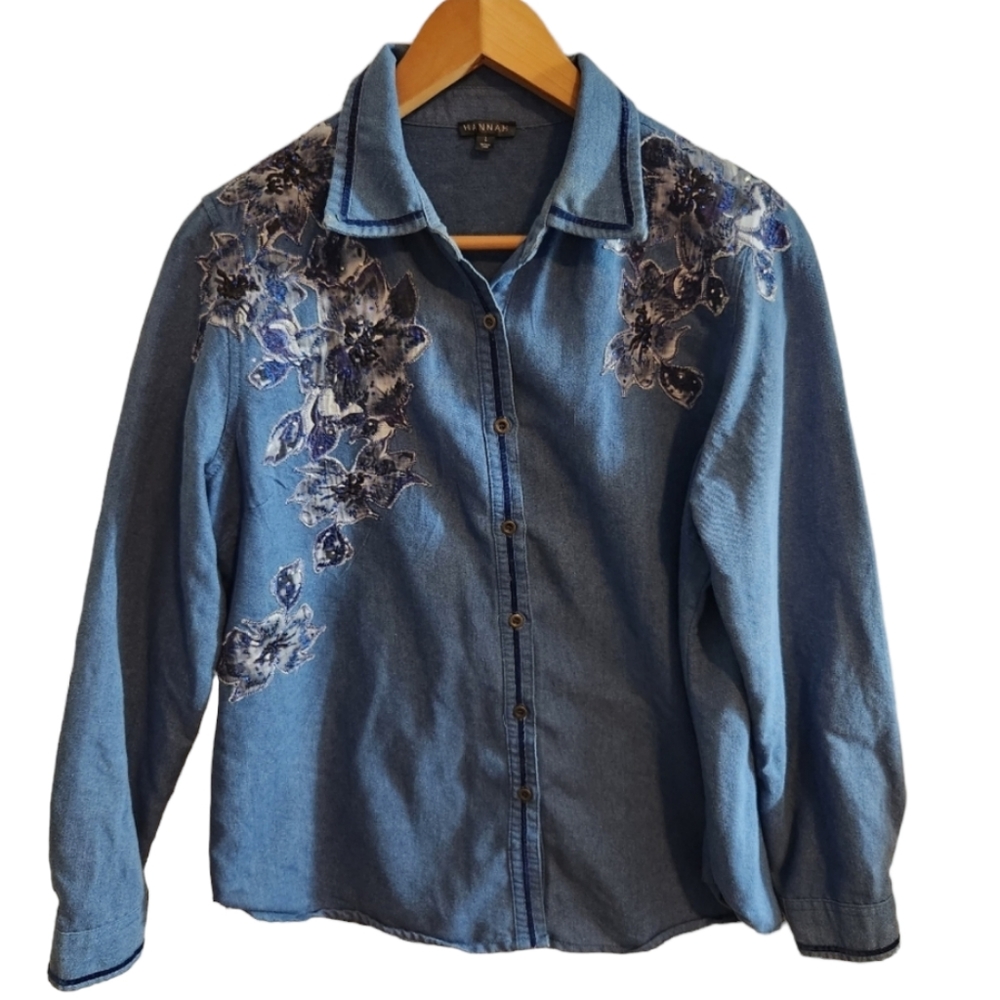 Hannah Floral Denim Button Up Shirt Long Sleeve Jean Top